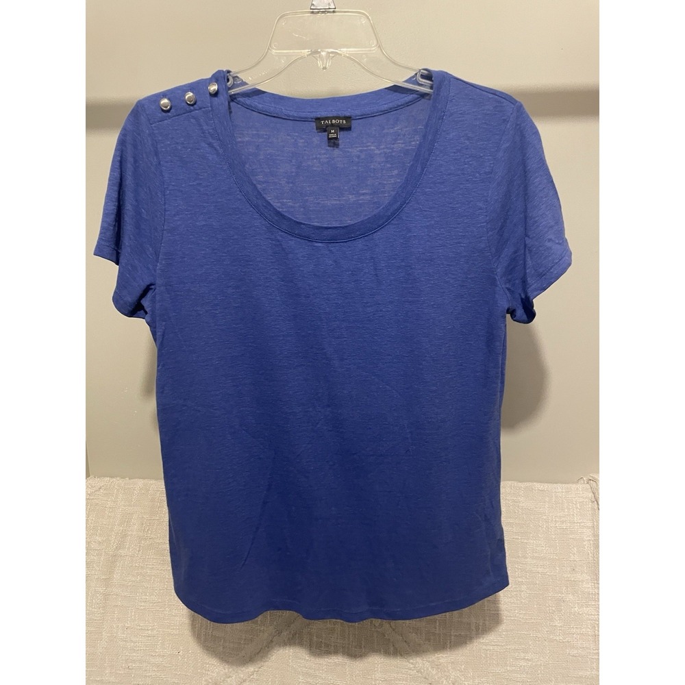 Talbots Royal Blue Linen Blend Button Shoulder Short Sleeve Tee Shirt Women's M
